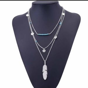 Feather Leaf 3 Layer Silver Necklace with Turquoise Beading